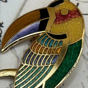 Vintage Green Multi Color Cloisonné Enamel Toucan Tropical Bird Brooch Pin Gold